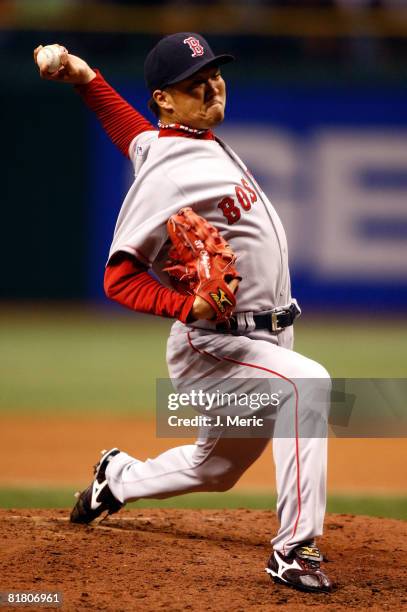 Relief pitcher Hideki Okajima of the Boston Red Sox pitches against the Tampa Bay Rays during the game at Tropicana Field July 2, 2008 in St....