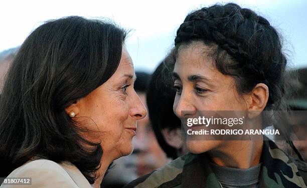 French-Colombian former politician Ingrid Betancourt speaks to her mother Yolanda Pulecio during a press conference held on July 2, 2008 upon her...