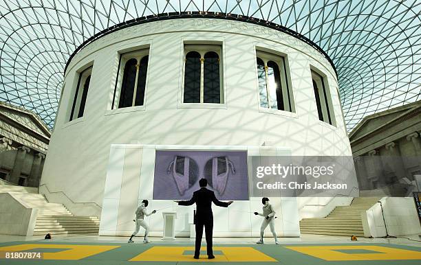 Fencers compete in the foyer of the British Museum at an event to announce BP as the new Partner of the London 2012 Olympics on July 3, 2008 in...