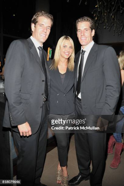 Cameron Winklevoss, Genevieve Bahrenburg and Tyler Winklevoss attend COLUMBIA PICTURES & THE CINEMA SOCIETY host the after party for "THE SOCIAL...