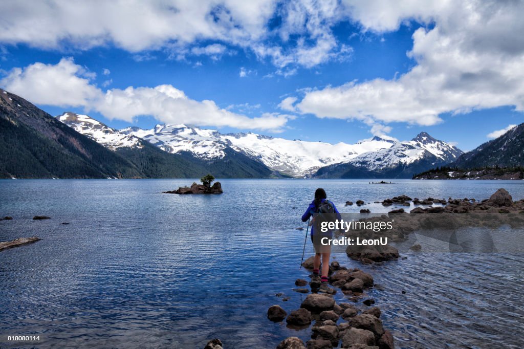 Young woman hiking in Garibaldi Lake, Squamish, BC, Canada