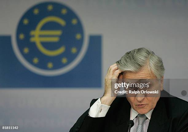 Jean-Claude Trichet, President of the European Central Bank , speaks during the monthly news conference on July 3, 2008 in Frankfurt, Germany. The...