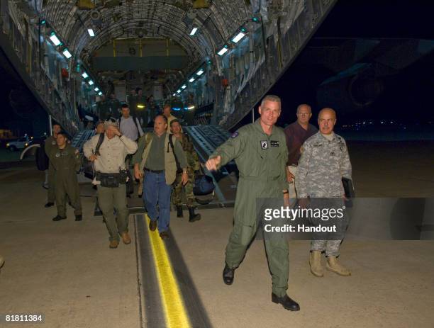 In a photo released by the the U.S. Air Force, Keith Stansell steps off the ramp of a C-17 Globemaster III July 2, 2008 at Lackland Air Force Base,...