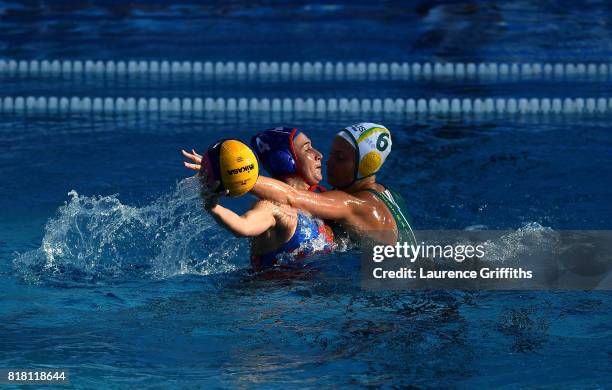 Elvina Karimova of Russia is challenged by Amy Ridge of Australia during the Women's Water Polo, Group D preliminary round match between Australia...