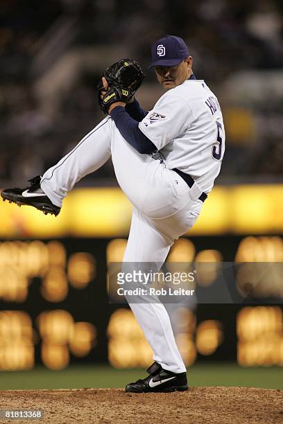 Trevor Hoffman of the San Diego Padres pitches during the game against the Los Angeles Dodgers at Petco Park in San Diego, California on June 11,...