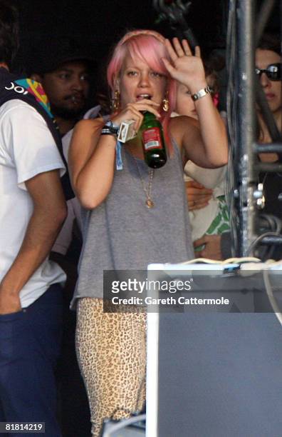 Lily Allen watches Mark Ronson perform on the main stage during day 1 of the O2 Wireless Festival 2008 on July 3, 2008 in London, England.