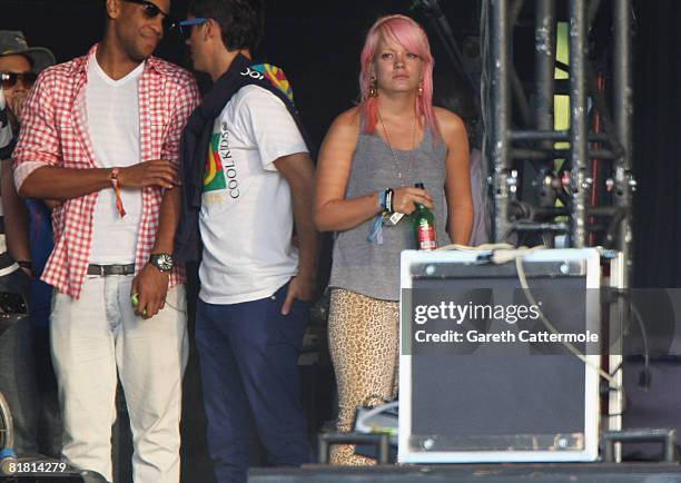 Lily Allen watches Mark Ronson perform on the main stage during day 1 of the O2 Wireless Festival 2008 on July 3, 2008 in London, England.