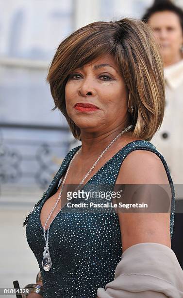 Singer Tina Turner poses in the courtyard of the Elysee Palace before attending a ceremony at the president's official residence for honorees of...