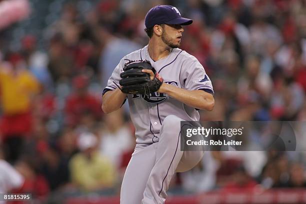 James Shields of the Tampa Bay Rays pitches during the game against the Los Angeles Angels of Anaheim at Angel Stadium in Anaheim, California on June...