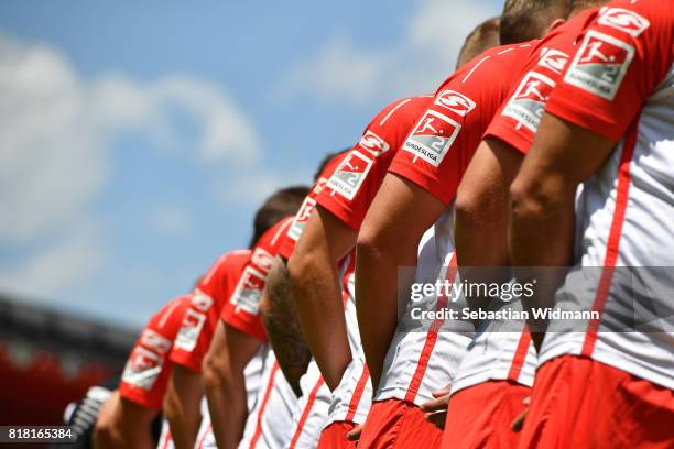 Players of Jahn Regensburg pose during the team presentation at Continental Arena on July 18, 2017 in Regensburg, Germany.