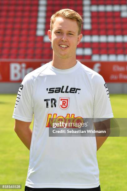 Physical therapist Tobias Rutzinger of Jahn Regensburg poses during the team presentation at Continental Arena on July 18, 2017 in Regensburg,...