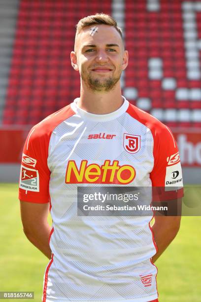 Benedikt Gimber of Jahn Regensburg poses during the team presentation at Continental Arena on July 18, 2017 in Regensburg, Germany.