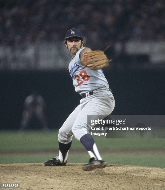 Pitcher Mike Marshall of the Los Angeles Dodgers pitches to the Oakland Athletics during the 1974 World Series at the Oakland-Alameda County Coliseum...
