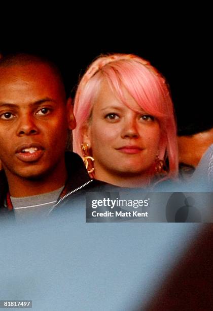 Lily Allen watches from the side of the stage as Jay Z performs on day one of the o2 Wireless Festival at Hyde Park on July 3, 2008 in London.