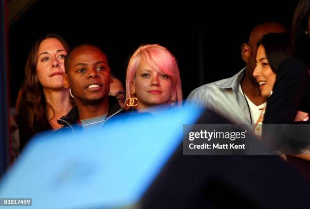 Lily Allen watches from the side of the stage as Jay Z performs on day one of the o2 Wireless Festival at Hyde Park on July 3, 2008 in London.