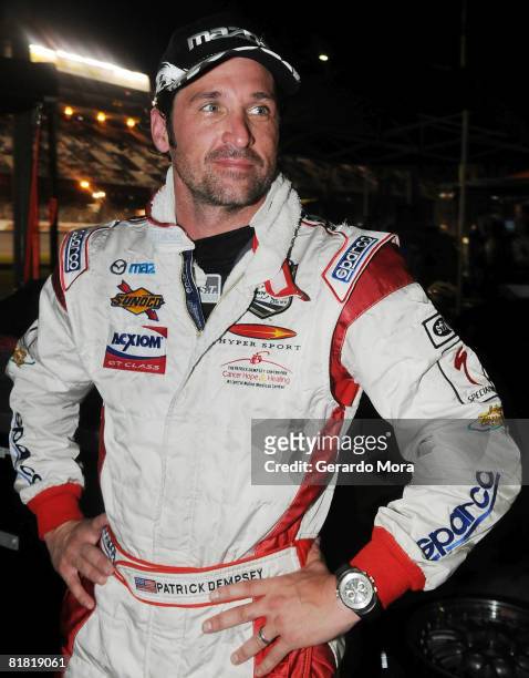Actor Patrick Dempsey takes a break during the Rolex Grand Am Series race at theDaytona International Speedway on July 03, 2008 in Daytona, Florida.