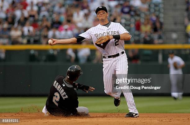 Shortstop Troy Tulowitzki of the Colorado Rockies turns a double play over Hanley Ramirez of the Florida Marlins in the fifth inning at Coors Field...