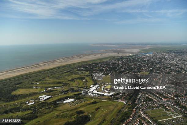 An aerial view of Royal Birkdale Golf Club during a practice round prior to the 146th Open Championship at Royal Birkdale on July 18, 2017 in...