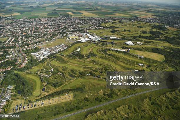 An aerial view of Royal Birkdale Golf Club during a practice round prior to the 146th Open Championship at Royal Birkdale on July 18, 2017 in...