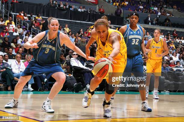 Christi Thomas of the Los Angeles Sparks chases down a loose ball against Nicole Ohlde of the Minnesota Lynx on July 3, 2008 at Staples Center in Los...