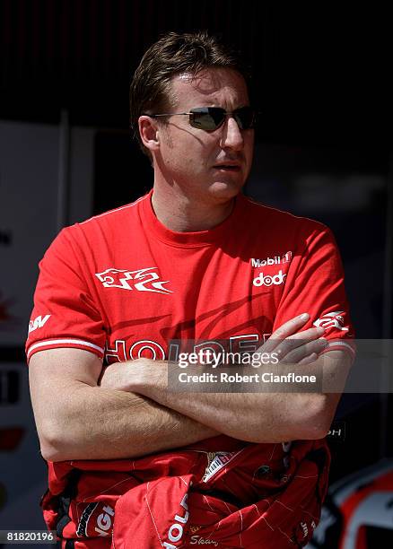 Mark Skaife of the Toll Holden Racing Team looks on during practice for round six of the V8 Supercars Championship Series at Hidden Valley Raceway on...