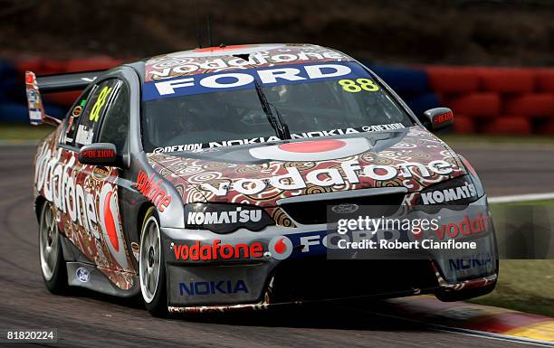 Jamie Whincup of Team Vodafone drives his Ford during practice for round six of the V8 Supercars Championship Series at Hidden Valley Raceway on July...