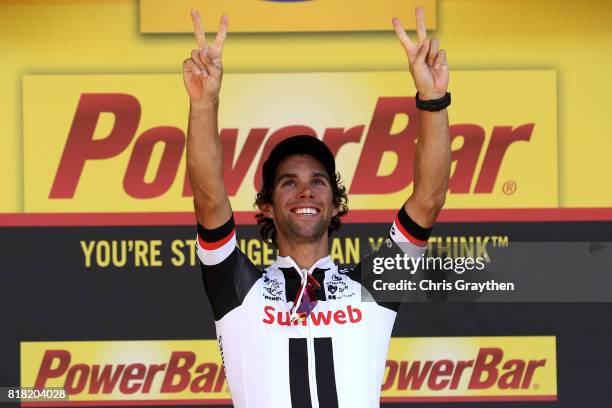 Michael Matthews of Australia riding for Team Sunweb celebrates on the podium after winning stage 16 of the 2017 Le Tour de France, a 165km stage...