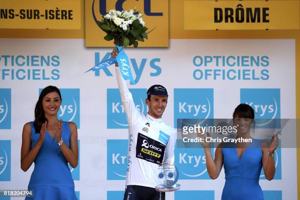 Simon Yates of Great Britain riding for Orica - Scott poses for a photo in the best young rider jersey following stage 16 of the 2017 Le Tour de...