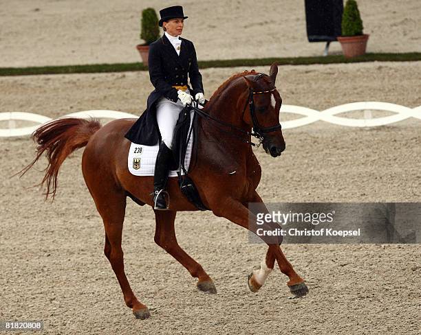 Nadine Capellmann of Germany rides on Elvis during the Meggle prize Grand Prix of dressage on Day 2 of the CHIO Aachen on July 03, 2008 in Aachen,...