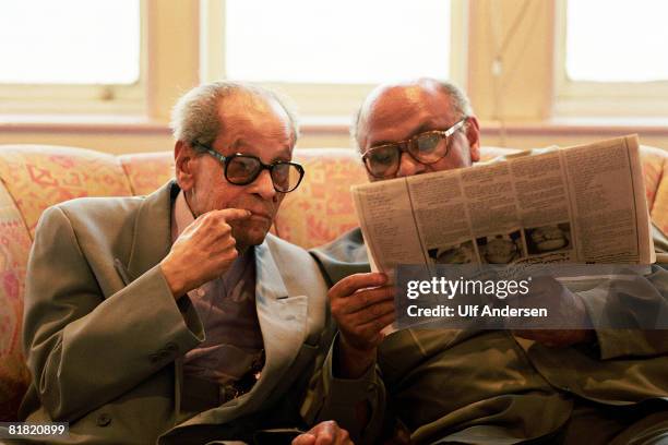 Egyptian author Naguib Mahfouz meets his friends on a boat on the 9th of June on the Nile River,Cairo,Egypt.