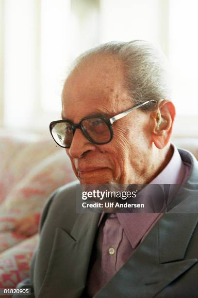 Egyptian author Naguib Mahfouz meets his friends on a boat on the 9th of June on the Nile River,Cairo,Egypt.