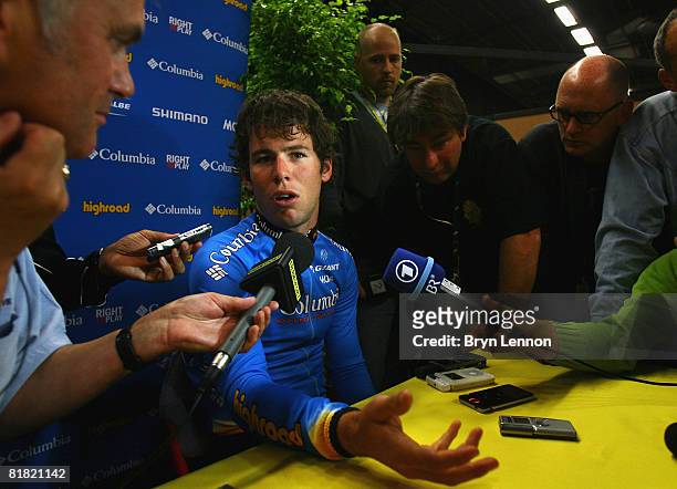 Mark Cavendish of Great Britain talks to the media during a Team Colombia press conference prior to the start of the 2008 Tour de France on July 4,...