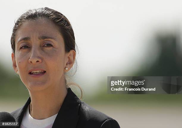 Freed hostage Ingrid Betancourt speaks to the media after stepping off a plane at the military base of Villacoublay, where she was greeted on arrival...