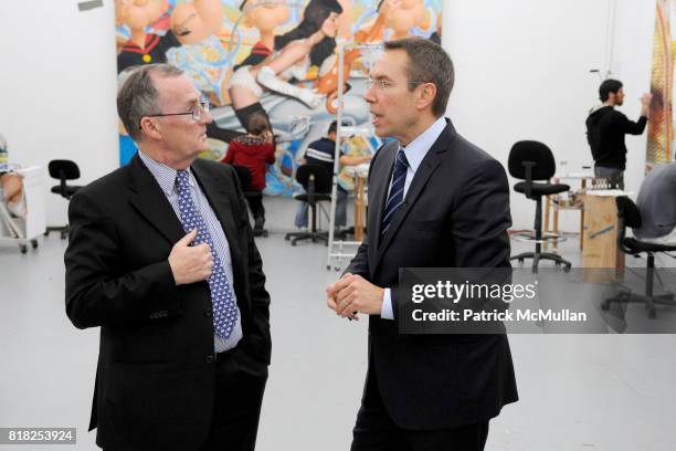 Jim O'Donnell and Jeff Koons attend JEFF KOONS and BMW ART CAR Announcement at Jeff Koons Studio on February 2, 2010 in New York City.