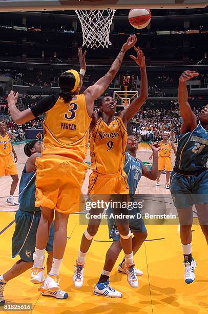 Lisa Leslie of the Los Angeles Sparks goes up for a shot during the game against the Minnesota Lynx on July 3, 2008 at Staples Center in Los Angeles,...