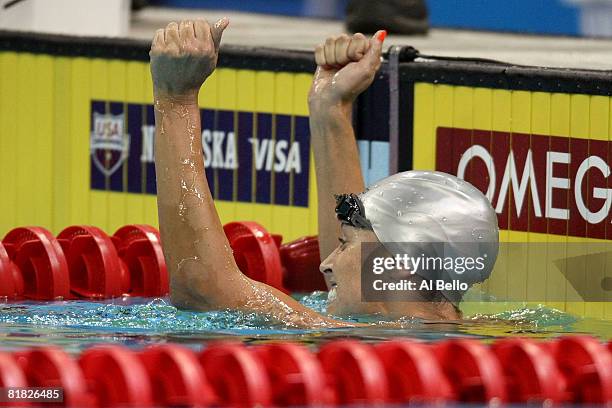 Amanda Beard celebrates after making her fourth Olympic team with a second place finish in the final of the 200 meter breaststroke during the U.S....