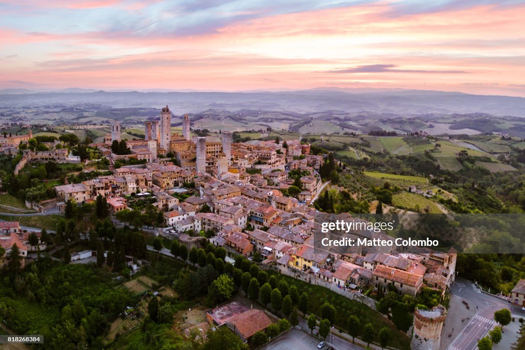 Aerial drone view of San Gimignano town at dawn, Tuscany, Italy