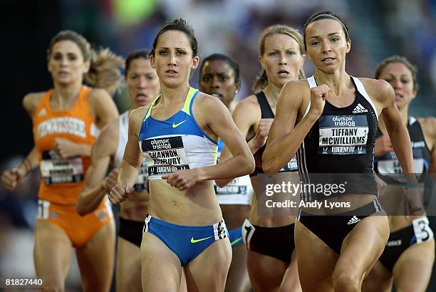 Shannon Rowbury and Tiffany McWilliams compete in the women's 1,500 meter semi-finals during day six of the U.S. Track and Field Olympic Trials at...