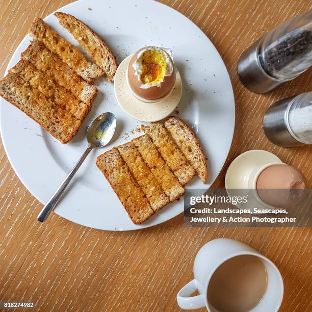 boiled eggs and toast soldiers - kokat ägg bildbanksfoton och bilder