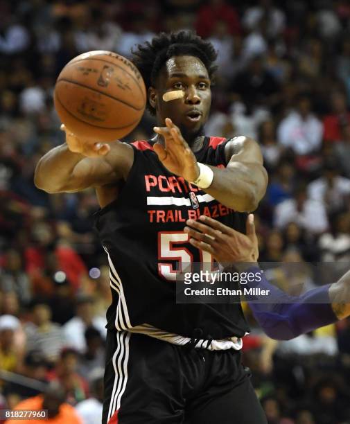 Caleb Swanigan of the Portland Trail Blazers passes against the Los Angeles Lakers during the championship game of the 2017 Summer League at the...