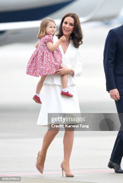 Princess Charlotte and Catherine, Duchess of Cambridge arrive at Warsaw airport ahead of their Royal Tour of Poland and Germany on July 17, 2017 in...