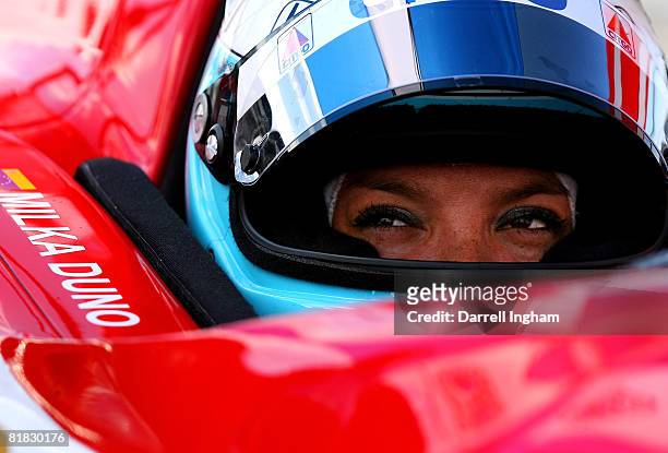 Milka Duno, driver of the CITGO Dreyer & Reinbold Racing Dallara Honda looks on during practice for the IRL IndyCar Series Camping World Grand Prix...