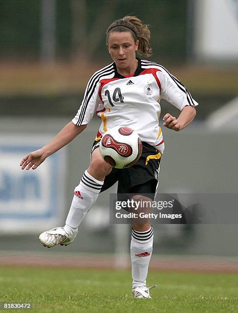 Laura Vetterlein controls the ball during the U16 Nordic Cup match between Germany and France at the national stadium Laugardalsv?llur on July 05,...