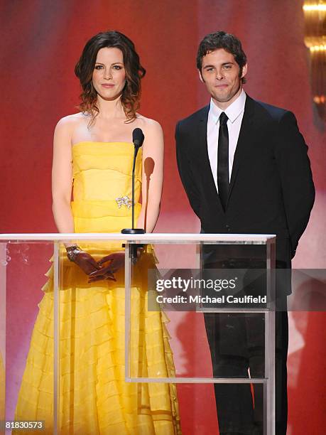 Actors Mary-Louise Parker and James Marsden on stage at the TNT/TBS broadcast of the 14th Annual Screen Actors Guild Awards at the Shrine Auditorium...