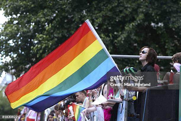 Flag flies during the Gay Pride parade on July 5, 2008 in London. The parade consists of celebrities, floats, and performers celebrating the UK's...