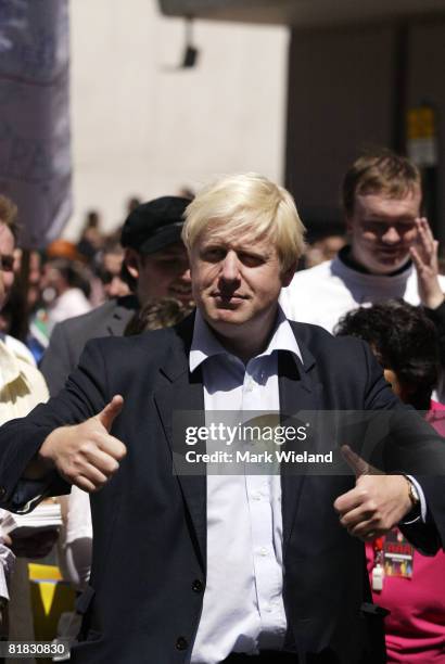 Lord Mayor Boris Johnson attends the Gay Pride parade on July 5, 2008 in London. The parade consists of celebrities, floats, and performers...