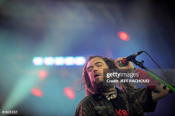 Barzilian artist Max Cavalera performs on stage with his band "Cavalera Conspiracy", on July 5, 2008 in Belfort, during the 20th "Eurockeennes de...