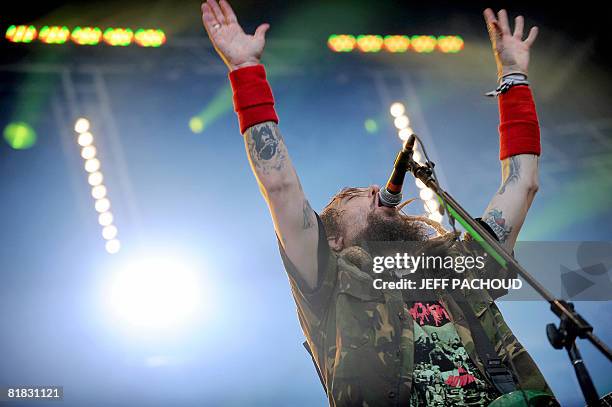 Barzilian artist Max Cavalera performs on stage with his band "Cavalera Conspiracy", on July 5, 2008 in Belfort, during the 20th "Eurockeennes de...