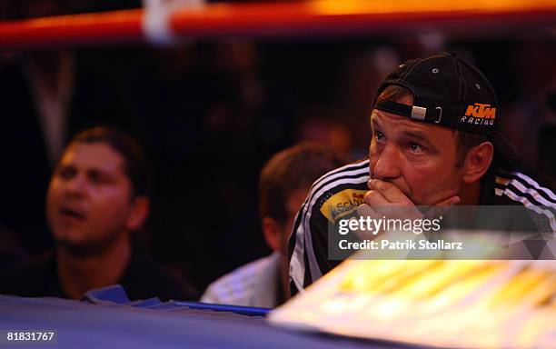 Box coach of Felix Sturm, Michael Timm looks on during the WBA middleweight world championship fight against Randy Griffin of United States of...