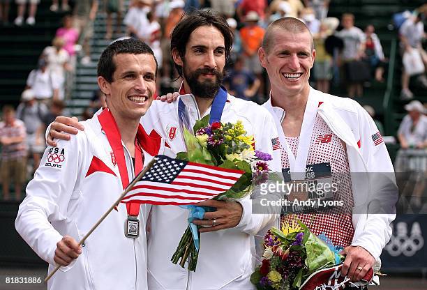 Silver medalist William Nelson, gold medalist Anthony Famiglietti and bronze medalist Joshua McAdams pose after the men's 3,000 meter steeplechase...